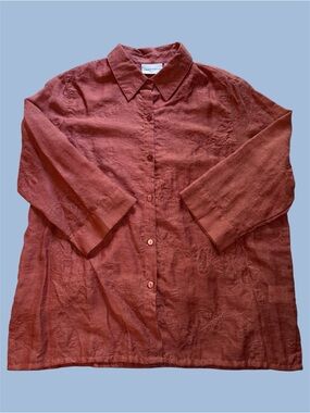 Alfred Dunner Rust Floral Embroidered Button Down Shirt (Shell Only)